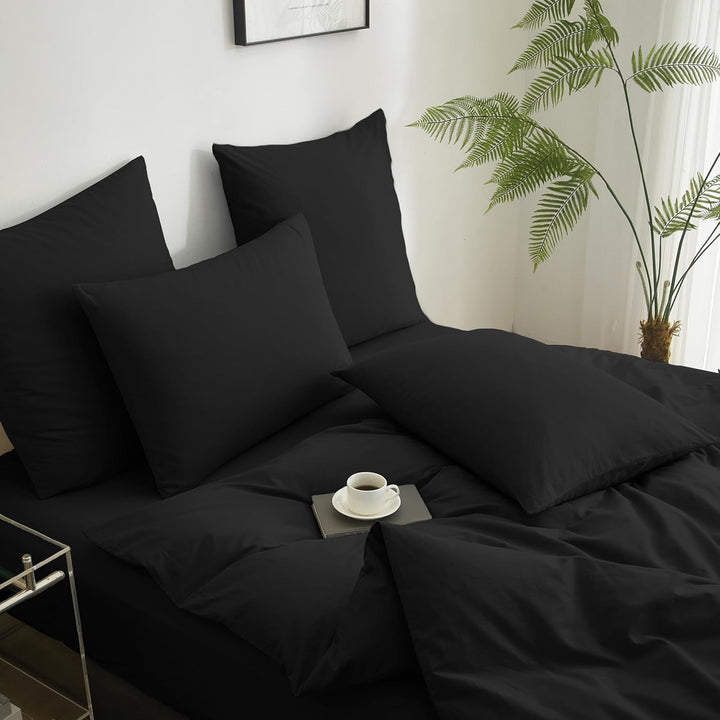 Luowei Bettwäsche 155x220 3teilig Schwarz Uni Einfarbig 110g/m² weich Mikrofaser 1 Bettbezug und 2er