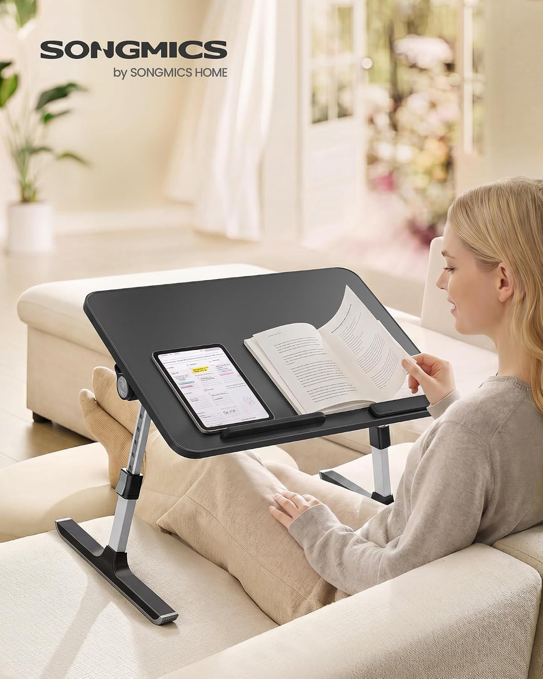 SONGMICS Laptoptisch, Betttisch mit Schublade, aus Holzspanplatte, Aluminiumlegierung und ABS-Kunsts