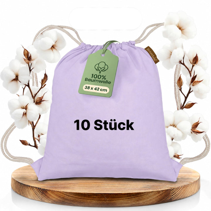 Baumwoll 10er Set Pastell Lavender Turnbeutel Sportbeutel Zuziehbeutel Gymsack Sack Jute Schule Ruck