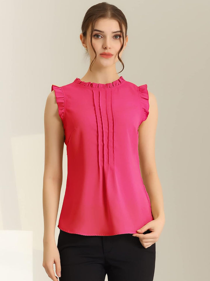 Allegra K Damen Plissee Oberteil Ärmellos Shirt Rundhals Elegante Rüschen Top Bluse XS Rosa, XS Rosa