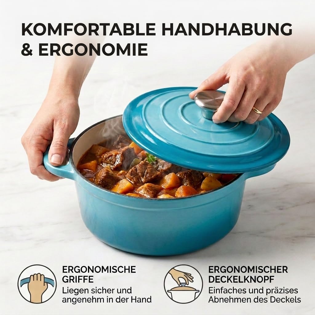 Gusseisen Topf 20cm mit Deckel,Dutch Oven 2L Emaillierter Brotbacktopf zum Brot Backen, Schmortopf I