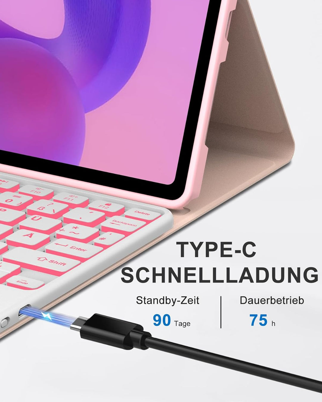 11 Zoll Bluetooth Tastatur Hülle für Lenovo Idea Tab 11, Deutsch QWERTZ mit 7-Farben Licht und Touch