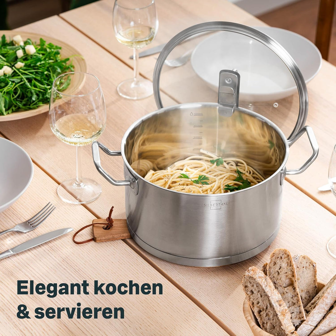 SILBERTHAL Topfset Induktion - 4-teilig - Edelstahl Kochtopf Set mit Glasdeckel - Unbeschichtet - Fü