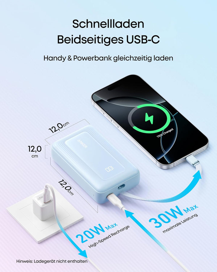 Anker Zolo Powerbank (2025 Upgrade), 20000mAh, 30W High-Speed-Ladegerät mit integriertem USB-C Kabel