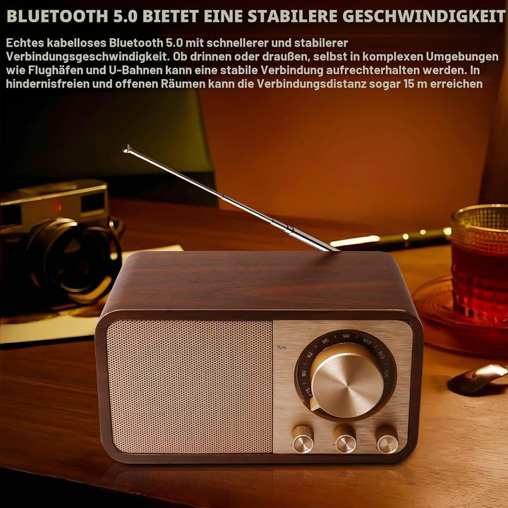 Retro Radio mit Bluetooth, Nostalgie Radio mit 1500mAh Akku wiederaufladbar, USB/TF-Karte/AUX, 5W La