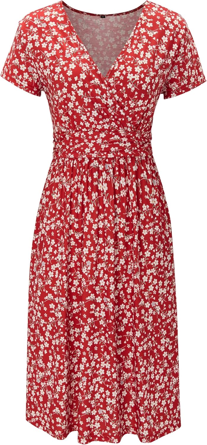 STYLEWORD Damen Sommerkleid Kurzarm V-Ausschnitt Kleider Blumenmuster Kleid Wickelkleid Mit Taschen