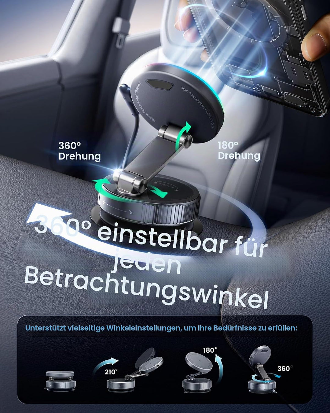 2026 Upgraded Vakuum Handyhalterung mit Ladefunktion - für Magsafe KFZ Handyhalterung Auto, 360° Dre