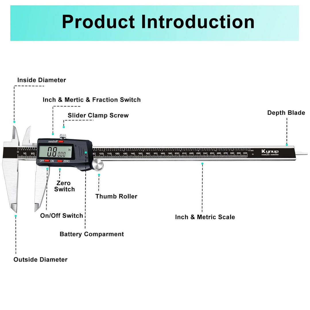 Kynup Digital Messschieber, 300mm/ 12-Zoll Digitale Schieblehre Edelstahl Messwerkzeug, Elektronisch