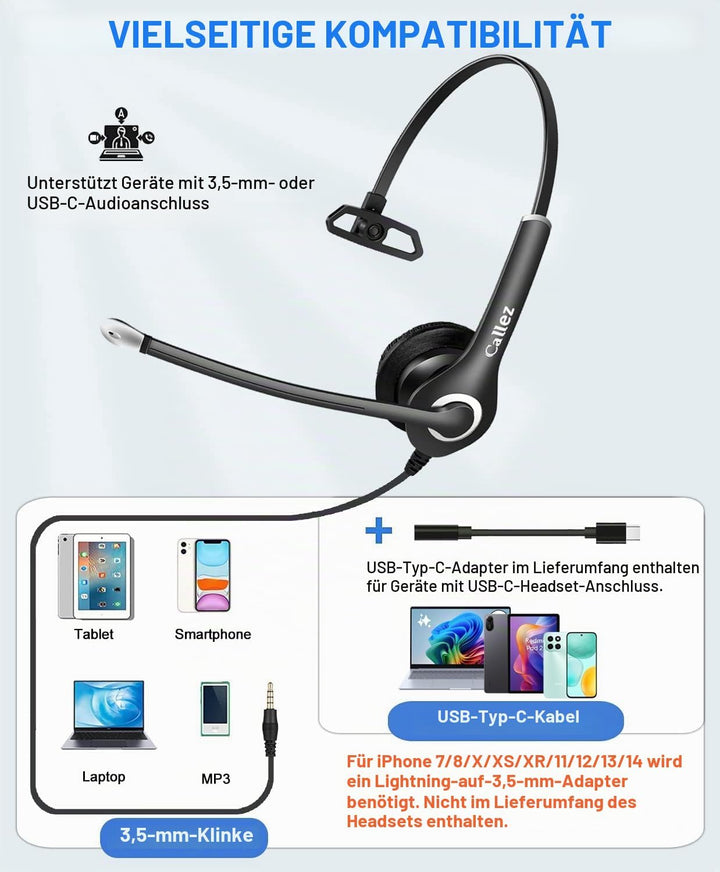 Headset Handy 3,5mm Klinke mit Mikrofon Noise Cancelling, PC Kopfhörer für Laptop Computer iPhone Sa