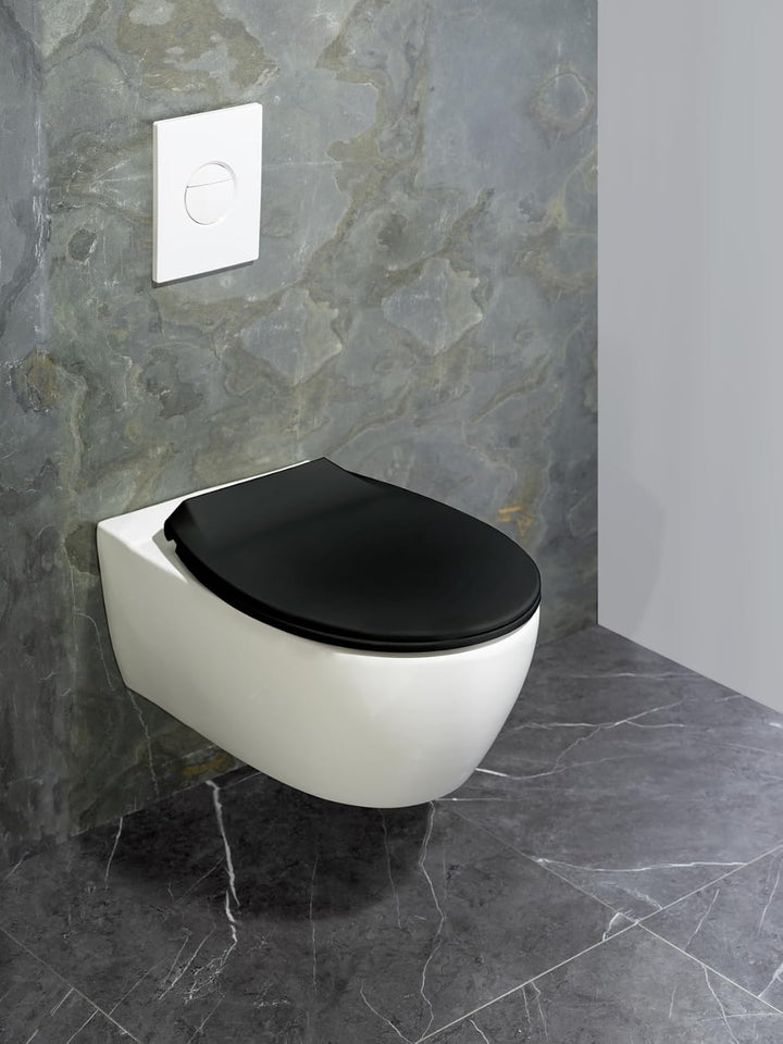 WENKO Premium WC-Sitz Kos Schwarz, Toilettendeckel mit Absenkautomatik und Fix-Clip Hygiene Befestig
