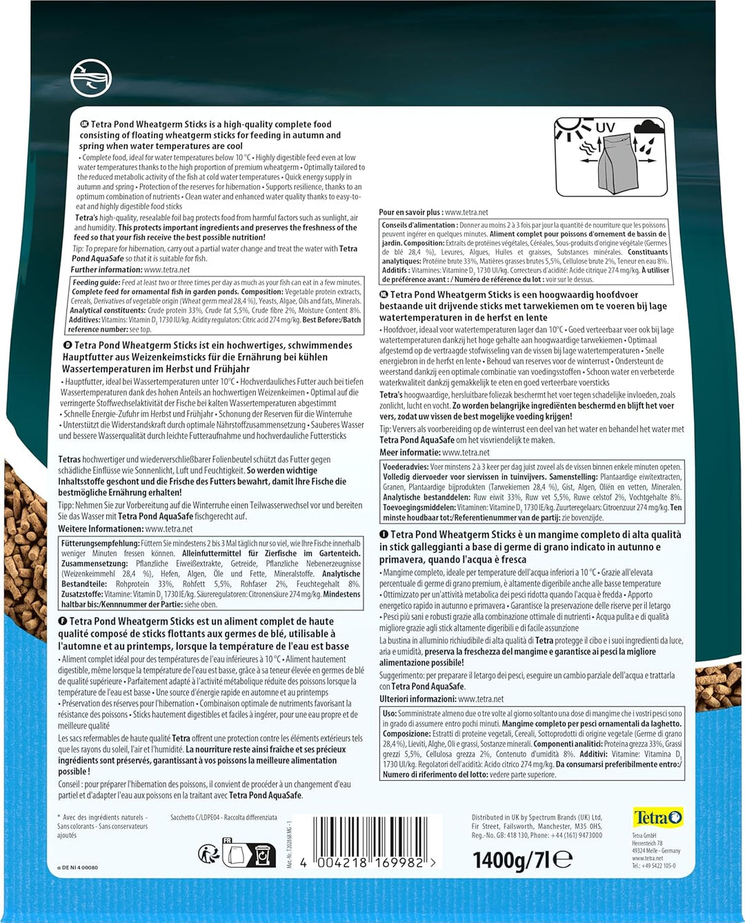 Tetra Pond Wheatgerm Sticks - Ballaststoffreiches Fischfutter für alle Teichfische, besonders geeign