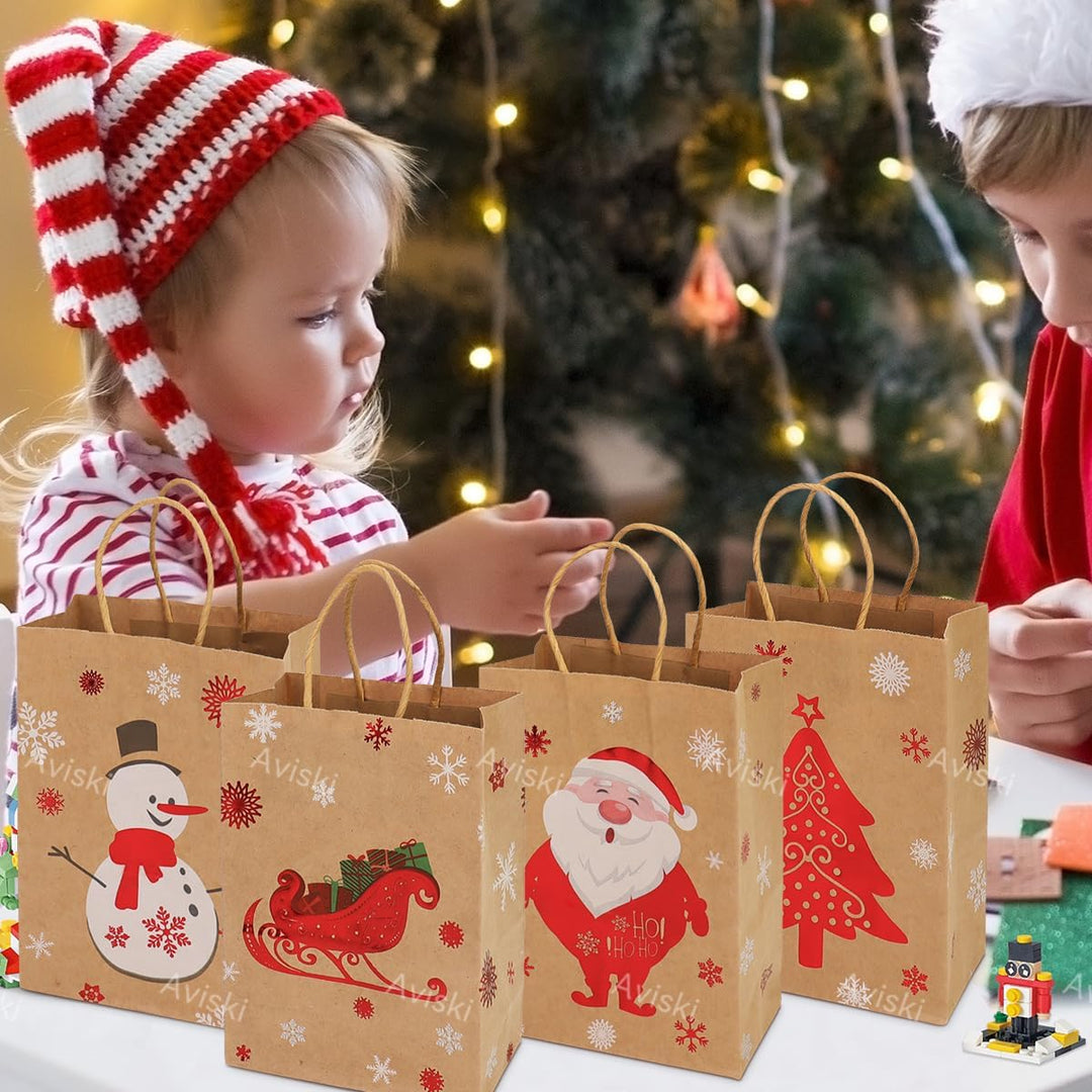 24 Stück Weihnachtskraft Geschenktüten Weihnachtspapiertüten mit Griffen Weihnachtstüten mit Weihnac