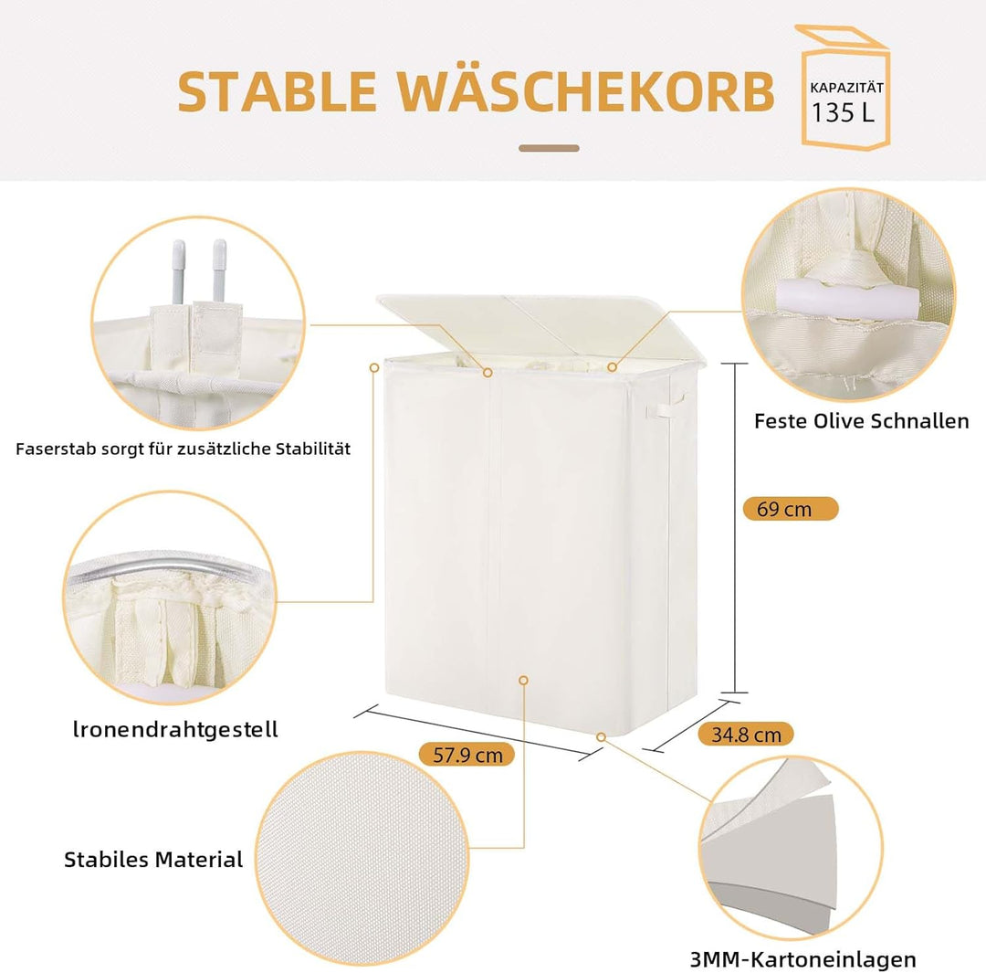 Wäschekorb mit Deckel 135L, Grosse Wäschesammler 2 Fächer mit Griffen, Beige | Wäschesortierer und H