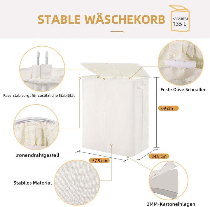 Wäschekorb mit Deckel 135L, Grosse Wäschesammler 2 Fächer mit Griffen, Beige | Wäschesortierer und H