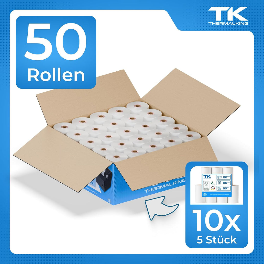 Thermorollen 80mm x 80mm x 12mm – Thermopapier Bonrollen (80 80 12) 48g - zertifiziert für Kassen-Dr