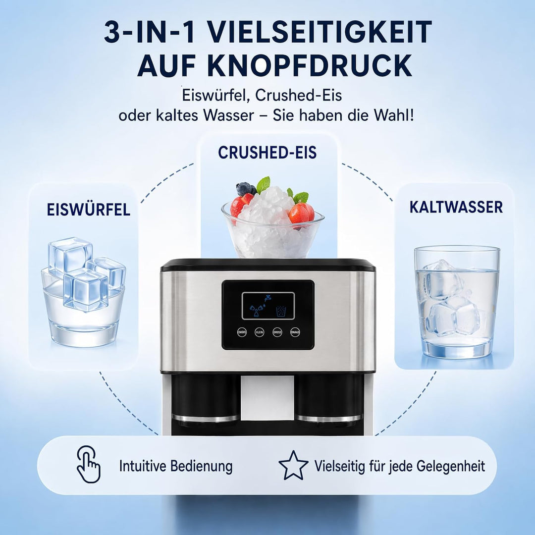 3-In-1 Eiswürfelbereiter mit Kaltwasserfunktion für Haus Küche Bar Café | 16 Eiswürfel 600G Eis Schn