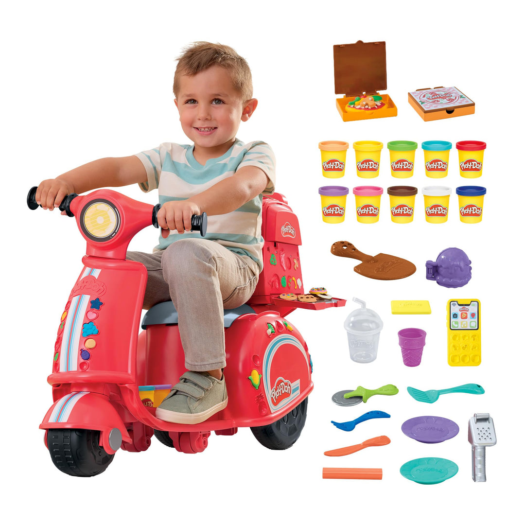 Play-Doh Pizza-Lieferspass, Scooter und Spielküche, 10 Dosen Knetmasse zum Pizza Backen, Bastel-Set
