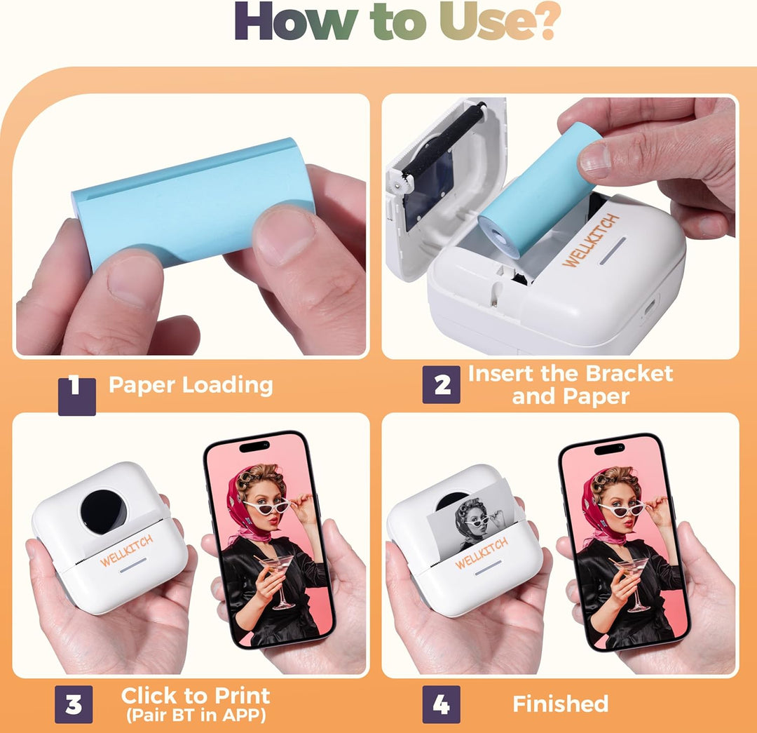 wellkitch Tragbarer Mini-Thermodrucker – WLAN-Drucker ohne Tinte für Fotos, personalisierte selbstkl