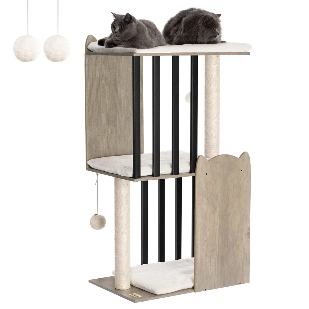 FourFurPets 3-stufiger moderner Kratzbaum, 111 cm hoch, Katzenbaum, mit 2 Voll Sisal Kratzsäulen, 3