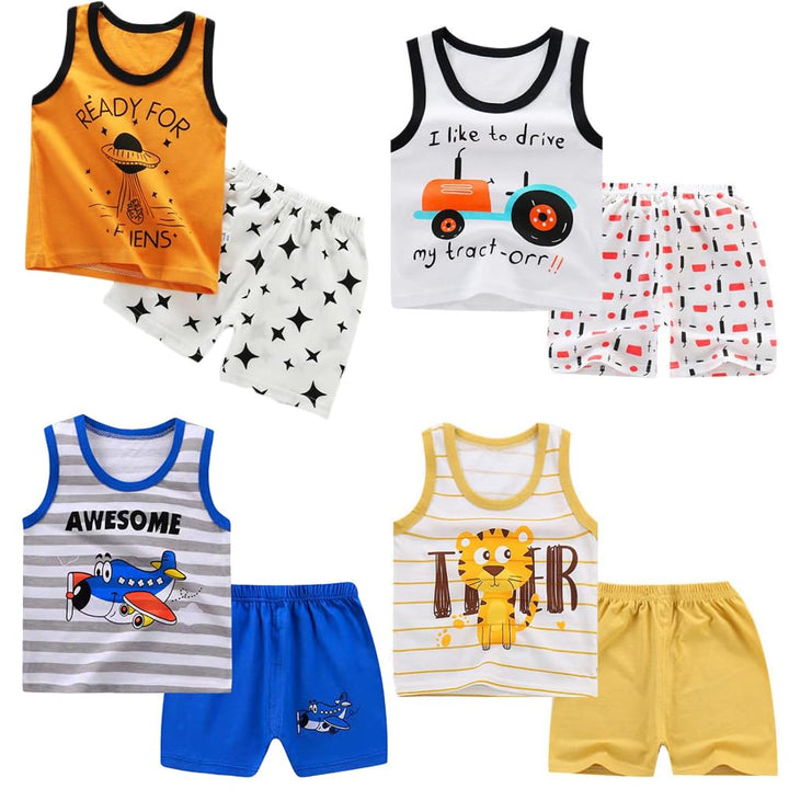 8er Pack Baby Kinder Outfit Set, Ärmelloses Baumwoll Weste + Shorts, Cartoon Print Jungen Mädchen 3