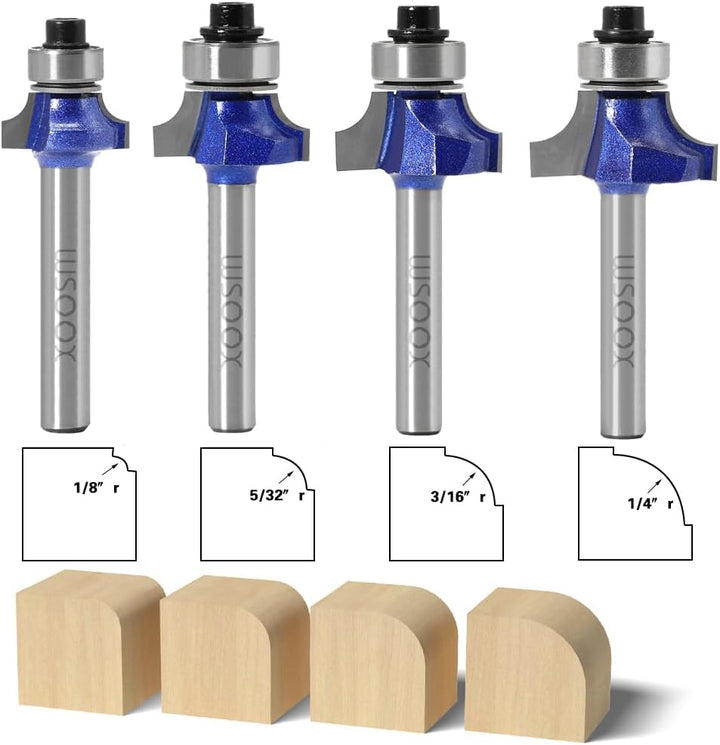 WSOOX 4 Stück Abrundfräser Standard Fräser Set für Holz mit 6mm Schaft, Fräser für Oberfräse Set