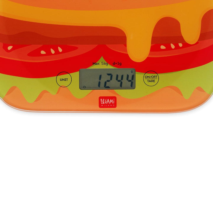 Legami - Digitale Küchenwaage, Kitchen Scale, Hamburger, 7 Masseinheiten, Touch-Tasten ON/TARE und U