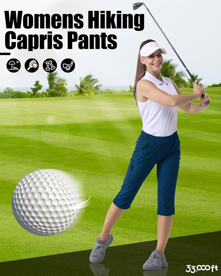 33,000ft Damen 3/4 Hose Capri Wanderhose Stretch Leichte Radhose Taschen Sommer Outdoor Golf Hose 34