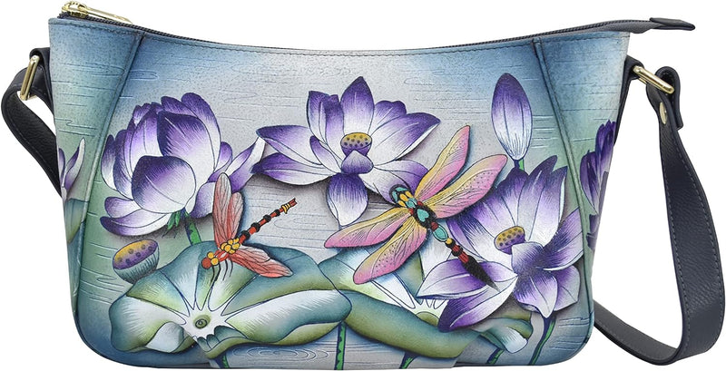 Anuschka Handbemalte Hobo Schultertasche aus Echtleder Tranquil Pond, Tranquil Pond