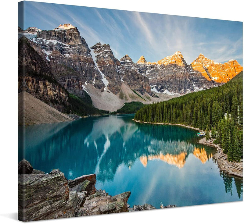 PICANOVA – Bild auf Leinwand Bergsee Moraine 80x60cm Leinwandbild – Premium Leinwanddruck – Wandbild