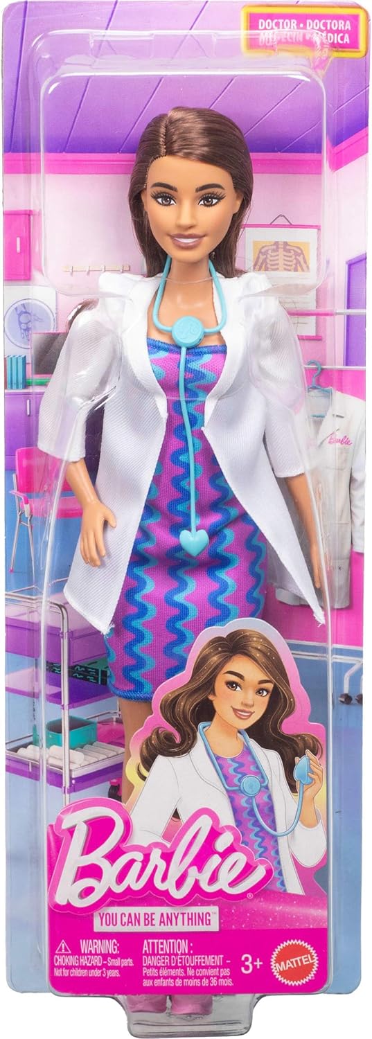 Barbie Karriere Ärztin-Modepuppe mit Abnehmbarer Kleidung, weissem Arztkittel, Kleid und Schuhen sow
