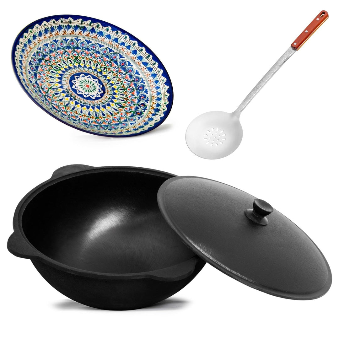 BIG-PAN Kasan Gusseisen 8L mit Aluminium Deckel flacher Boden Schaumkelle Lagan handbemalt Original