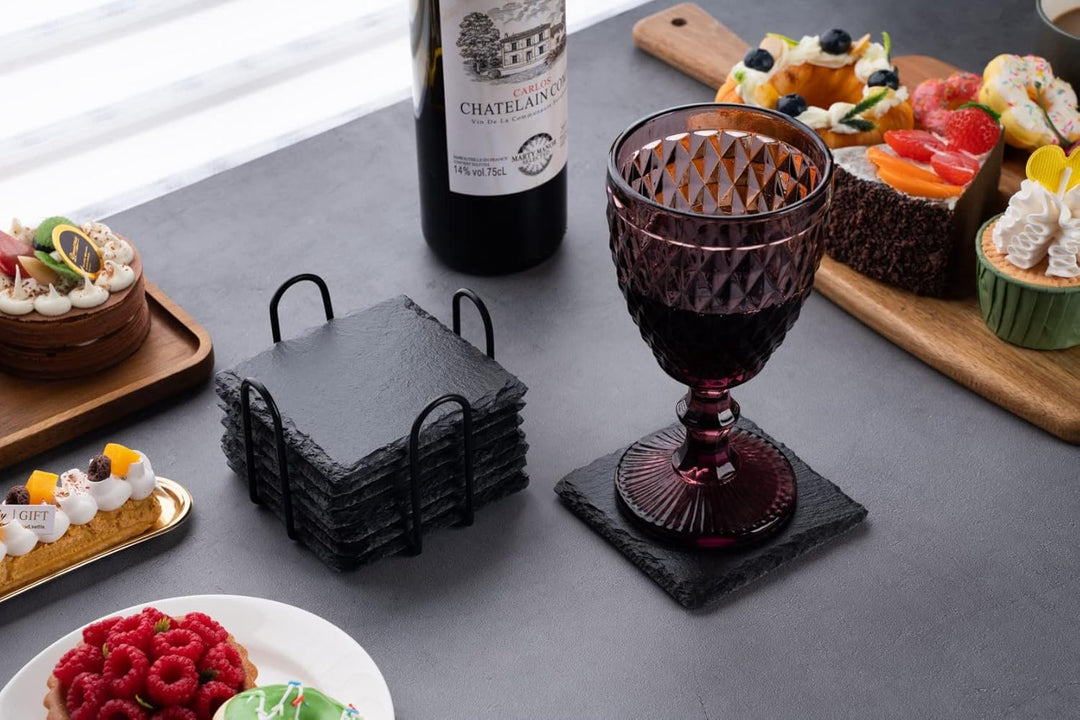 Schiefer Untersetzer für Gläser 8er Set, Untersetzer Schiefer Glasuntersetzer mit Halter, Tischunter