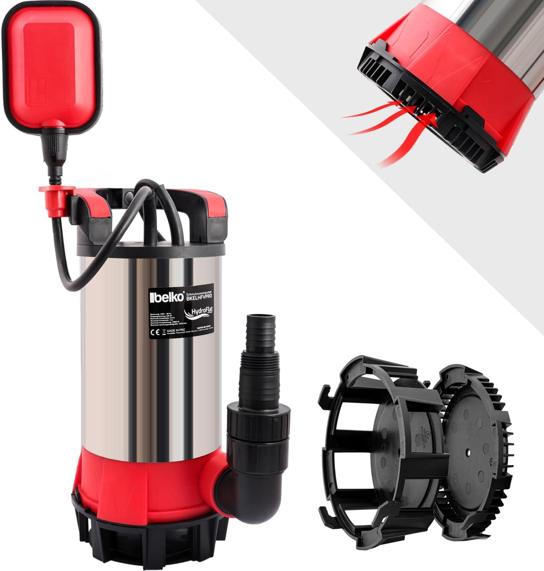 Belko® HydroFlat Vario Pro 850W – Flachsaugend bis 1 mm, 15.000 l/h, Edelstahlgehäuse, Schwimmerscha