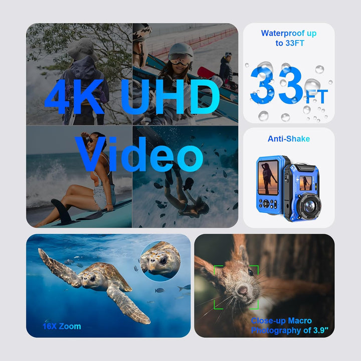 Digitalkamera, Yixinxin 4K 64MP 33FT UHD Unterwasserkamera zum Schnorcheln mit 32GB Karte Dual-Scree
