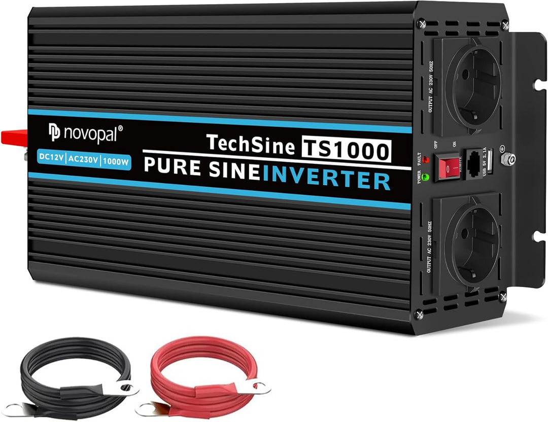 NOVOPAL 1000W Kfz Wechselrichter Spannungswandler -12v 230v Reiner Sinus mit 2 EU Steckdose und USB-