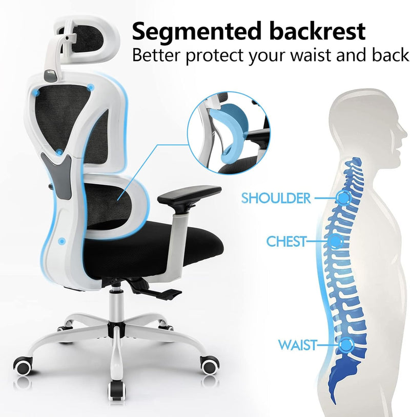 KERDOM Bürostuhl Ergonomischer Schreibtischstuhl, mit Verstellbarer Kopfstütze, Armlehnen, Lendenwir