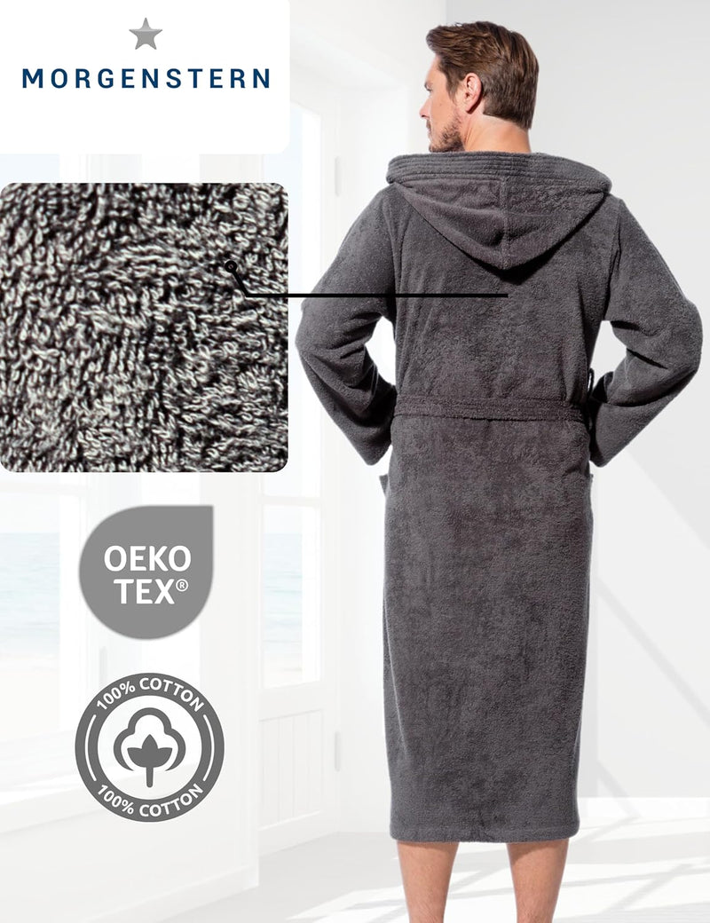 Morgenstern Bademantel Herren Kapuze Frottee 100% Baumwolle Lang Cadiz Salamanca M Grau, M Grau