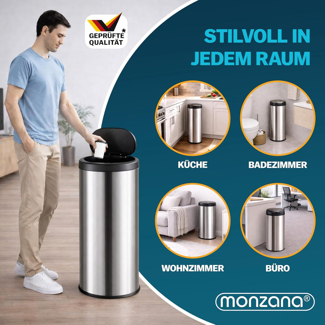 Monzana® Mülleimer Küche mit Deckel Sensor 30L Edelstahl USB Ladekabel Berührungslos Hygienisch Papi