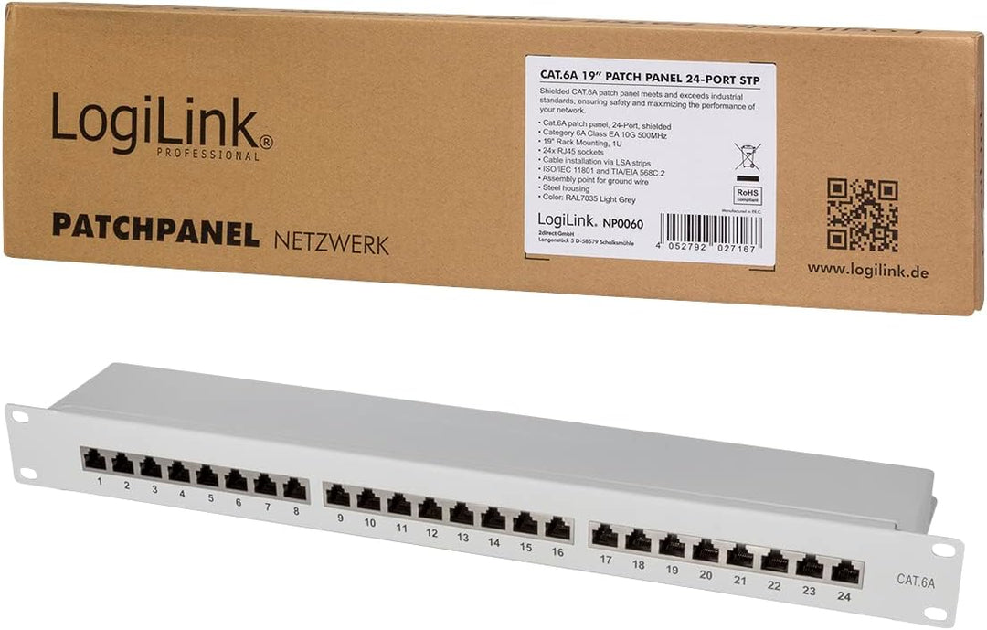 LogiLink Professional PrimeLine Cat.6A (500 MHz) Patchpanel grau, 19", STP (geschirmt) 24-Port (RJ45