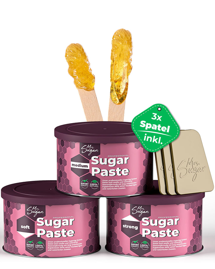 3er Set Sugaring Paste Mrs. Sugar 3x Spatel, Zuckerpaste Haarentfernung je 550g Soft, Medium, Strong