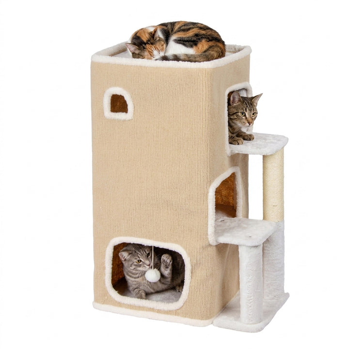 Relaxdays Katzenhaus 3-stöckig, Katzenhöhle mit Ball &amp; Kratzbaum, beige | HxBxT: 83,5x43x34 cm, Tier
