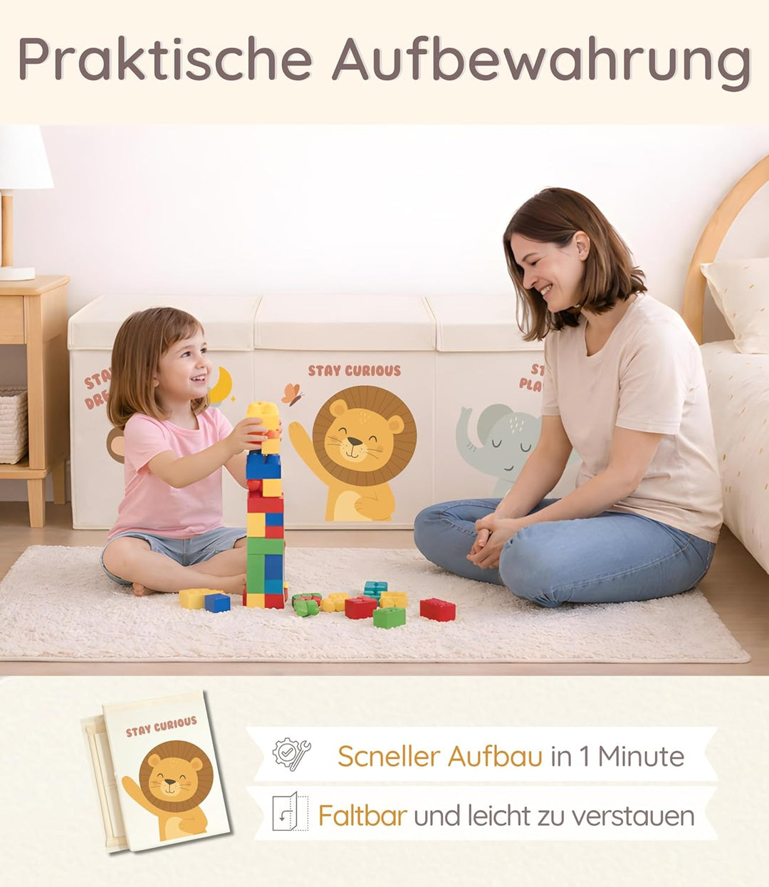 Spielzeugkiste Kinderzimmer XL mit Deckel, faltbare Aufbewahrungsbox für Spielzeug, Spielzeug Organi
