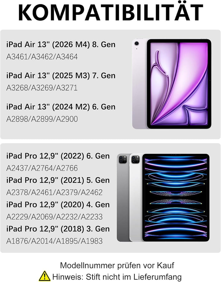 Hülle mit Tastatur für iPad Air 13" (2026 M4/2025 M3/2024 M2) & Pro 12.9" (2018-2022), Deutsches QWE