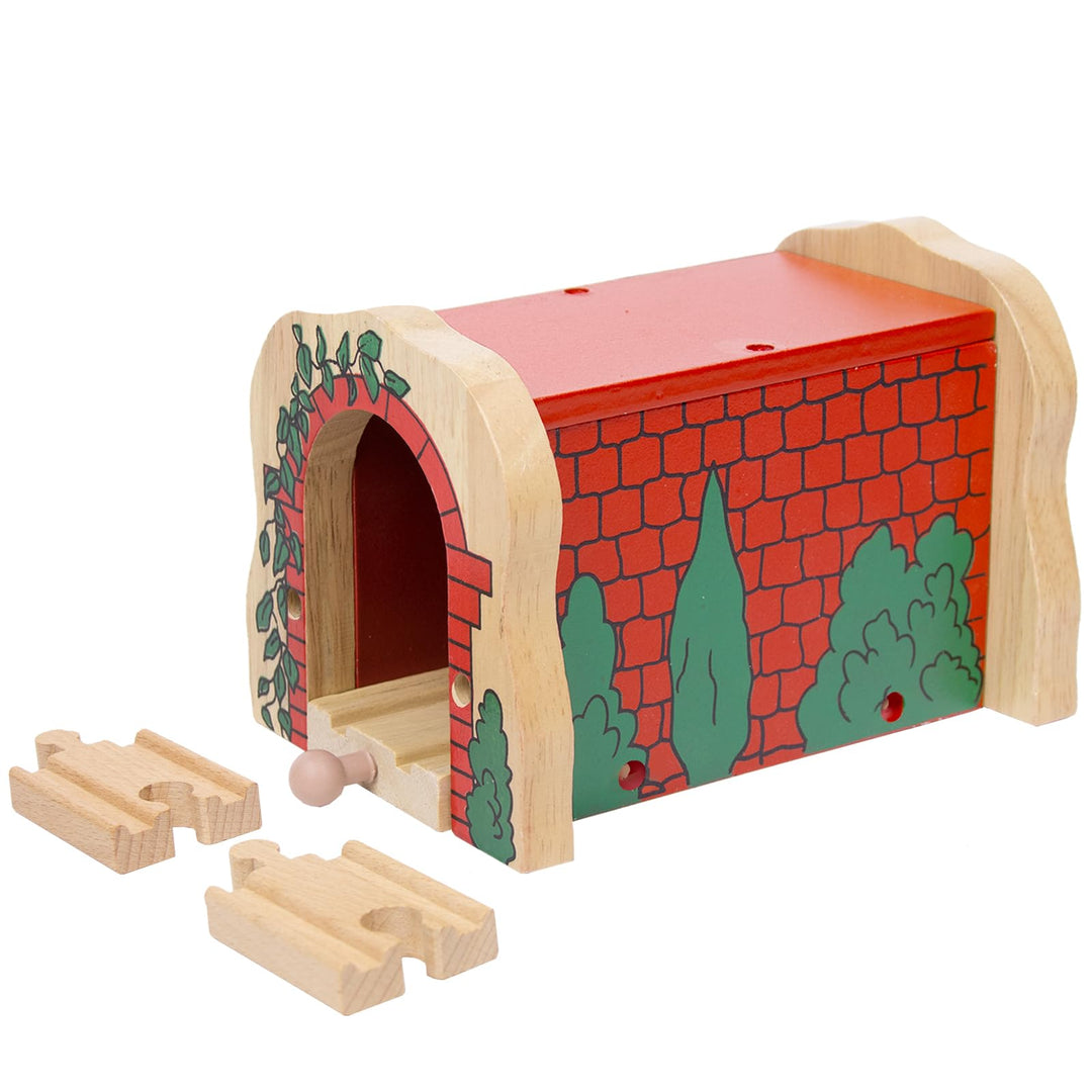 Holzeisenbahn Roter Tunnel Set mit 2 Kurzen Geraden, Holzeisenbahn Zubehör kompatibel mit führenden