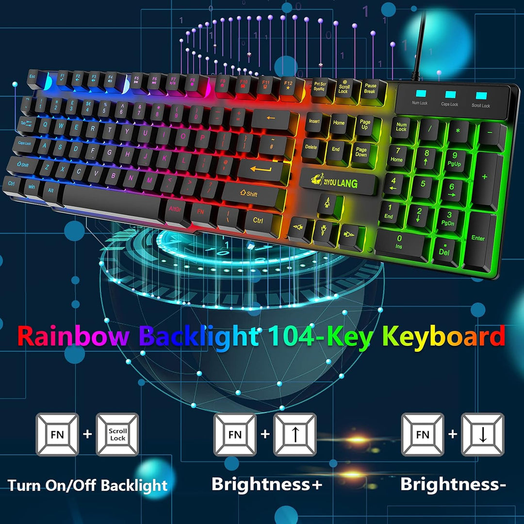 Gaming Tastatur Headset & Maus Set, 104 Tasten Rainbow Backlit UK Layout Tastatur 2400DPI Maus 7.1 S