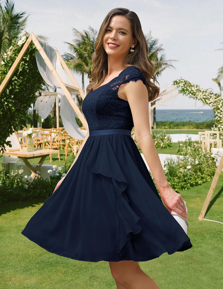 Wedtrend Cocktailkleid Damen Knielang Abendkleid Elegant für Hochzeit Elegant A Linie Rüschenkleid M