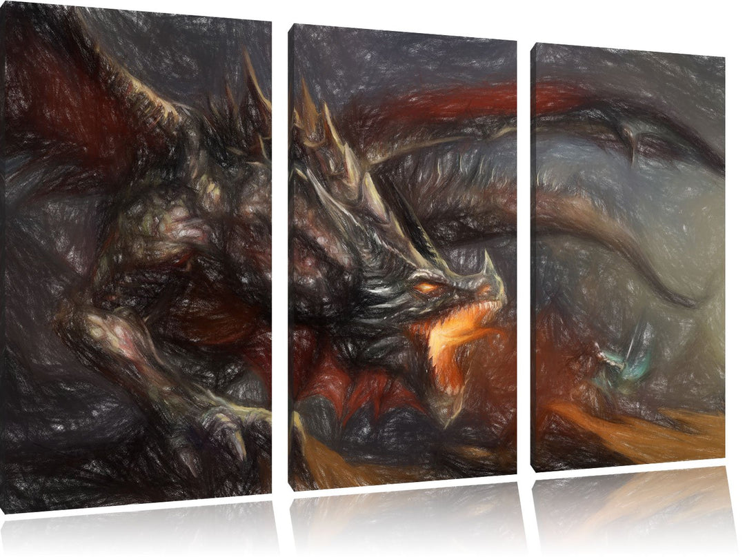 Pixxprint Kampf zwischen Mensch und Drache Bunstift Effekt 3-Teiler Leinwandbild 120x80 Bild auf Lei