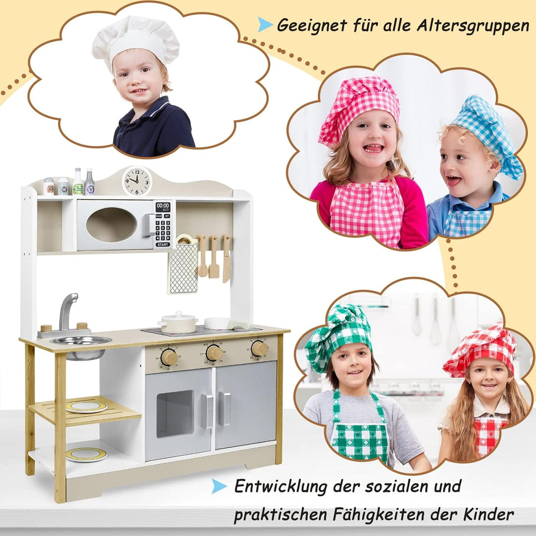 LARS360 Kinderküche Holz mit umfangreichem Zubehör - Enthält Mikrowelle, Backofen, Spüle, Kochutensi