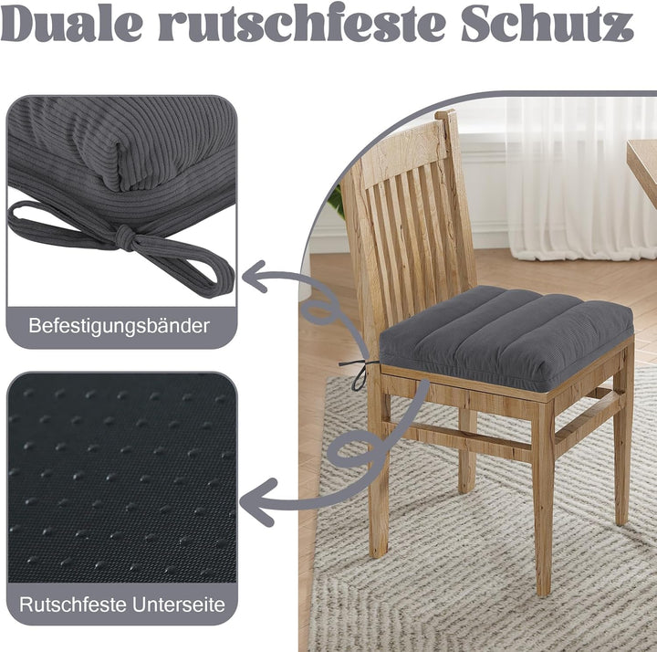 Dicke Sitzkissen 2er Set Cord – Stuhlkissen mit Rutschfester Unterseite & Bindebändern, Stuhlauflage