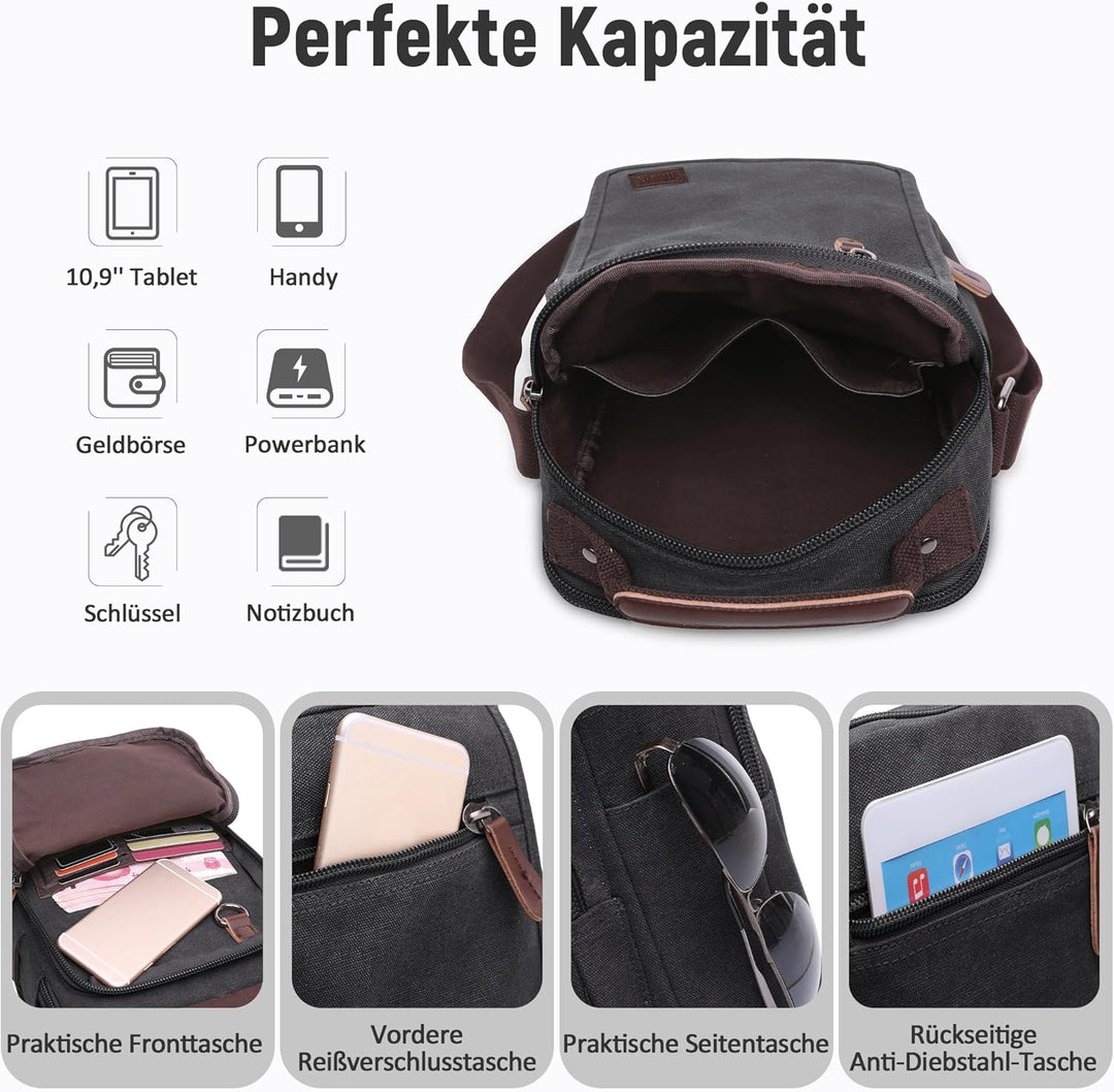 Vintage Herren Umhängetasche Lässig Schultertaschen für 10.9 Zoll iPad mit Griff Mehrere Taschen Mes